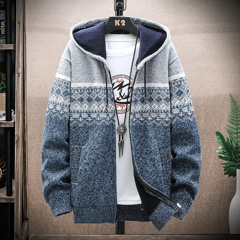 Men's New Winter Plaid Sweater Hooded Cardigan Cold