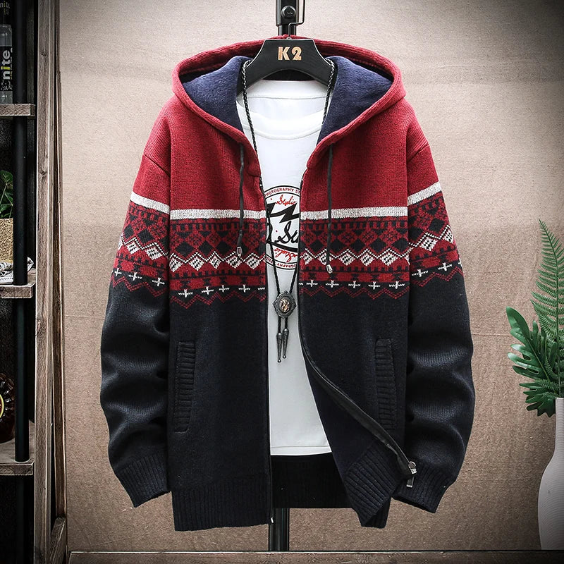 Men's New Winter Plaid Sweater Hooded Cardigan Cold