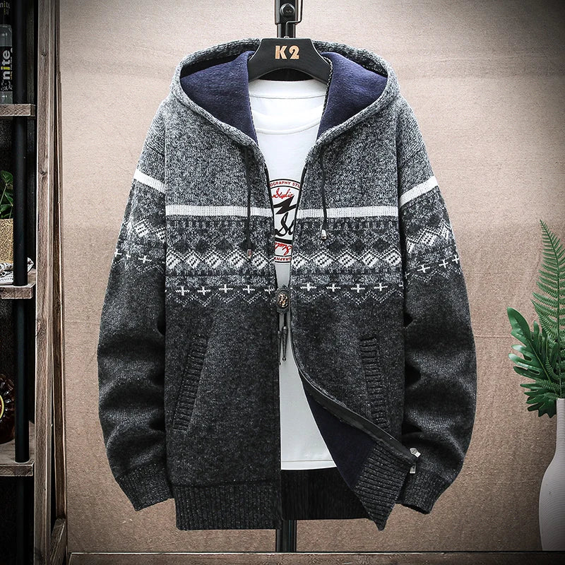 Men's New Winter Plaid Sweater Hooded Cardigan Cold