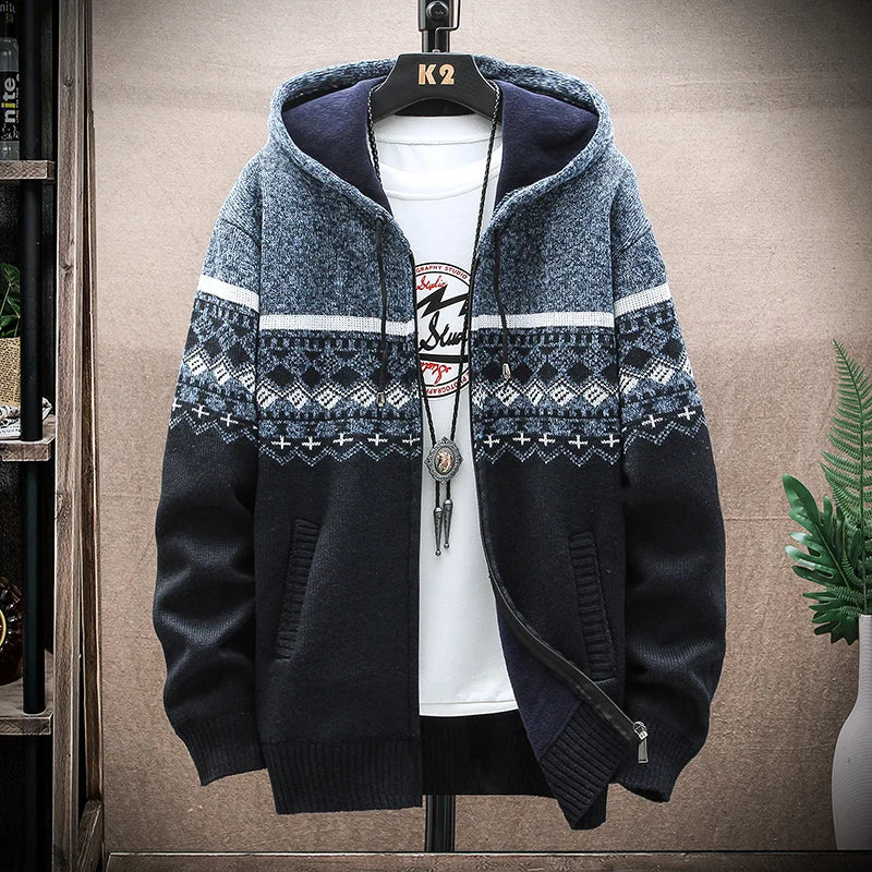 Men's New Winter Plaid Sweater Hooded Cardigan Cold