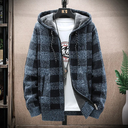 Men's New Winter Plaid Sweater Hooded Cardigan Cold