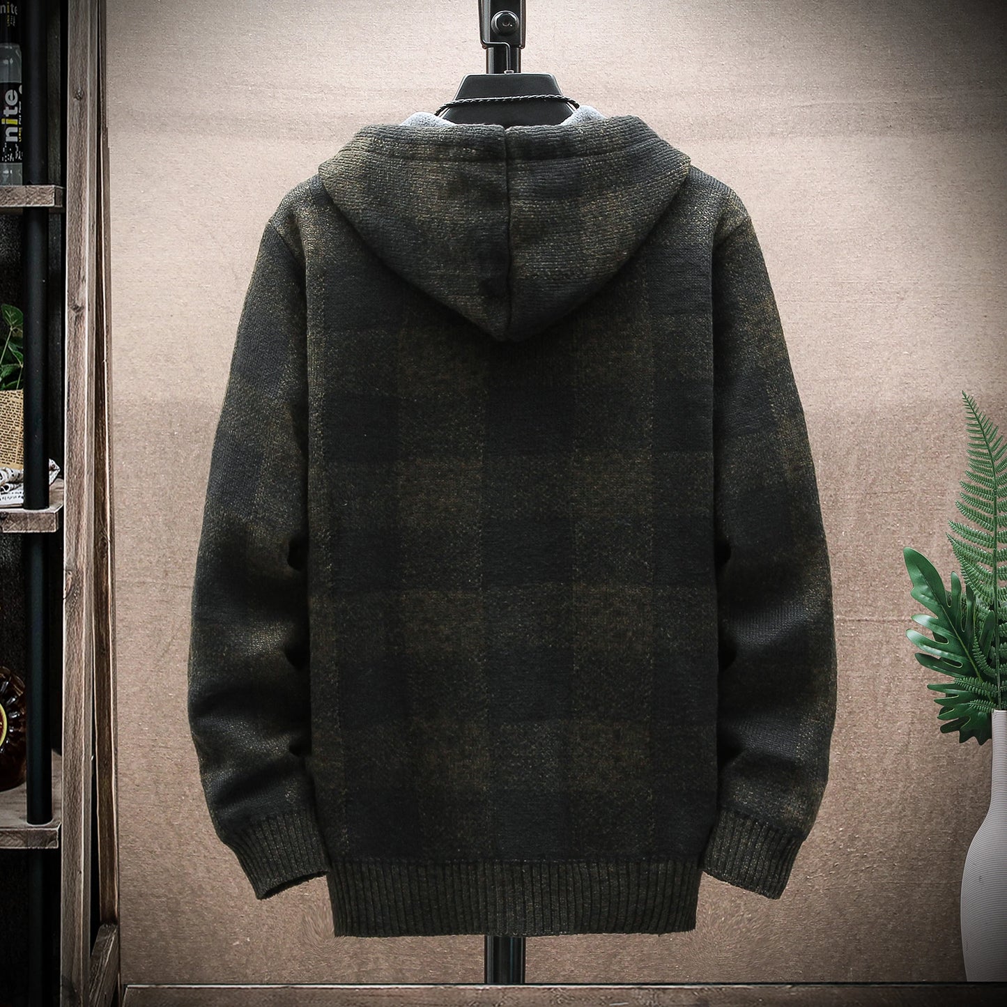 Men's New Winter Plaid Sweater Hooded Cardigan Cold