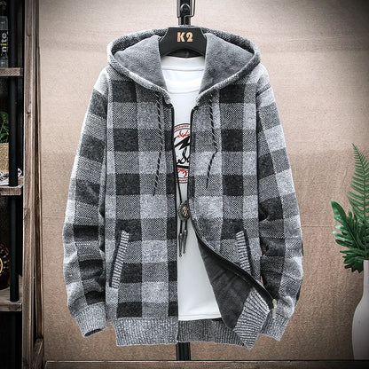 Men's New Winter Plaid Sweater Hooded Cardigan Cold