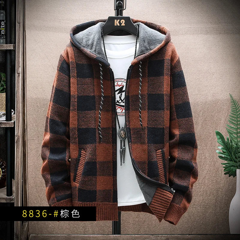 Men's New Winter Plaid Sweater Hooded Cardigan Cold