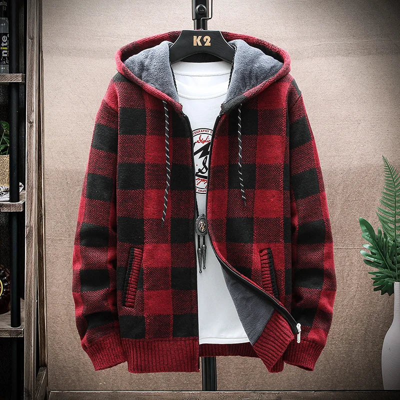 Men's New Winter Plaid Sweater Hooded Cardigan Cold