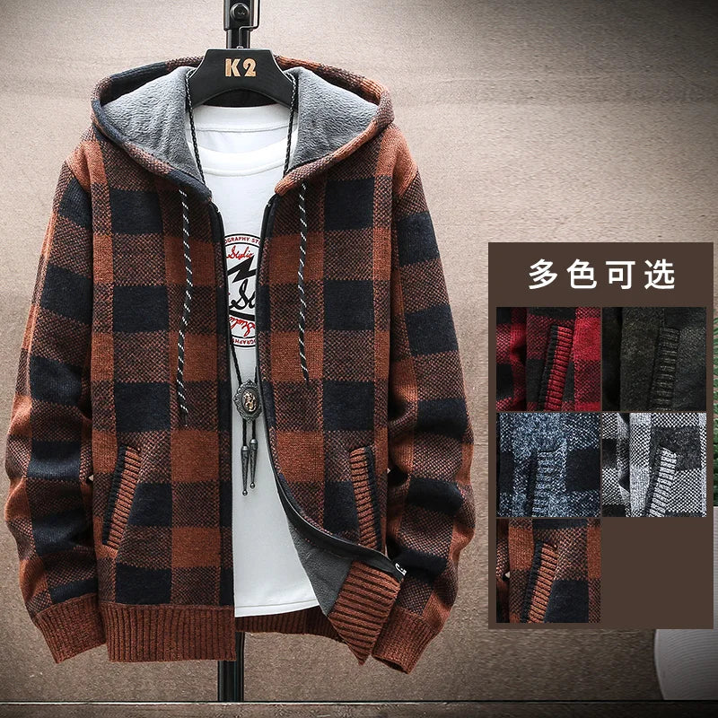 Men's New Winter Plaid Sweater Hooded Cardigan Cold