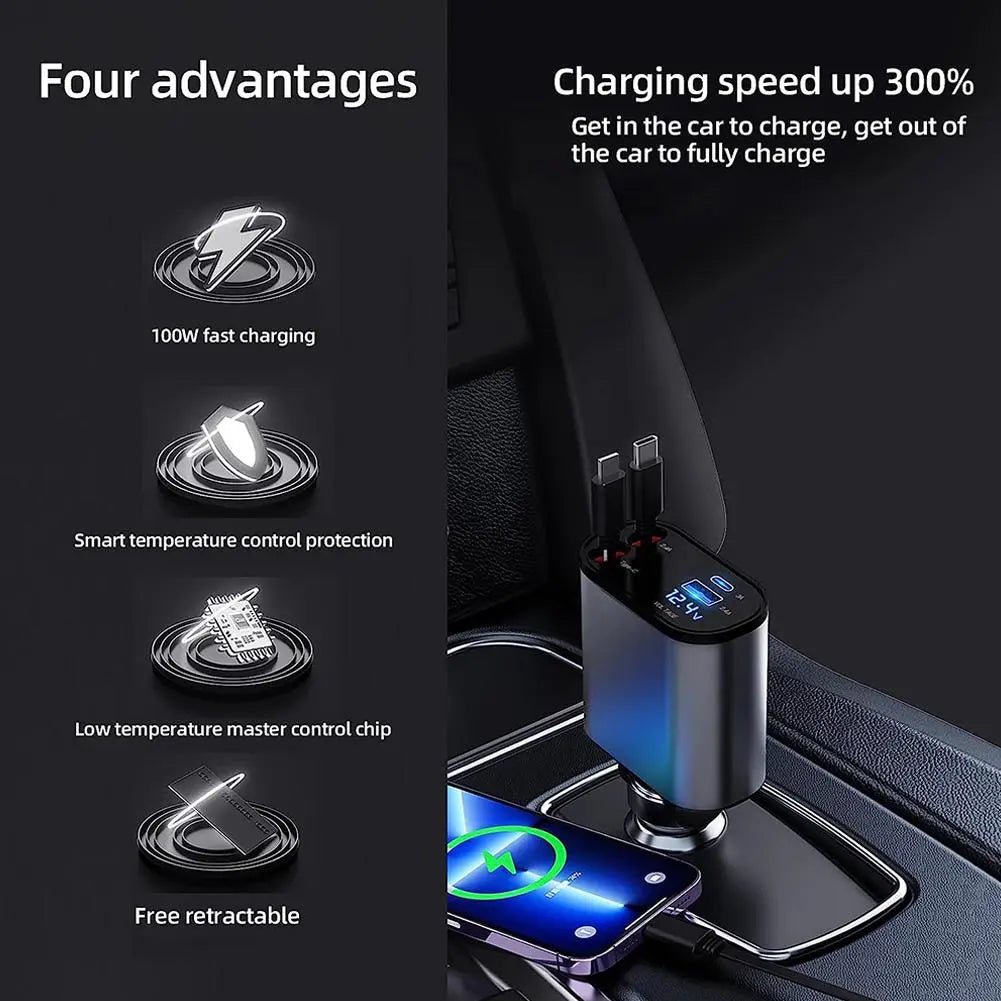 4 IN 1 Fast Charge Retractable Car Charger USB Type C Cable For IPhone, Samsung