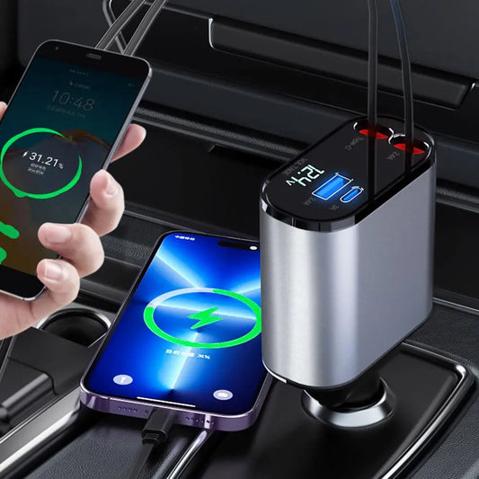 4 In 1 Fast Charge intrekbare autolader USB Type C -kabel voor iPhone, Samsung