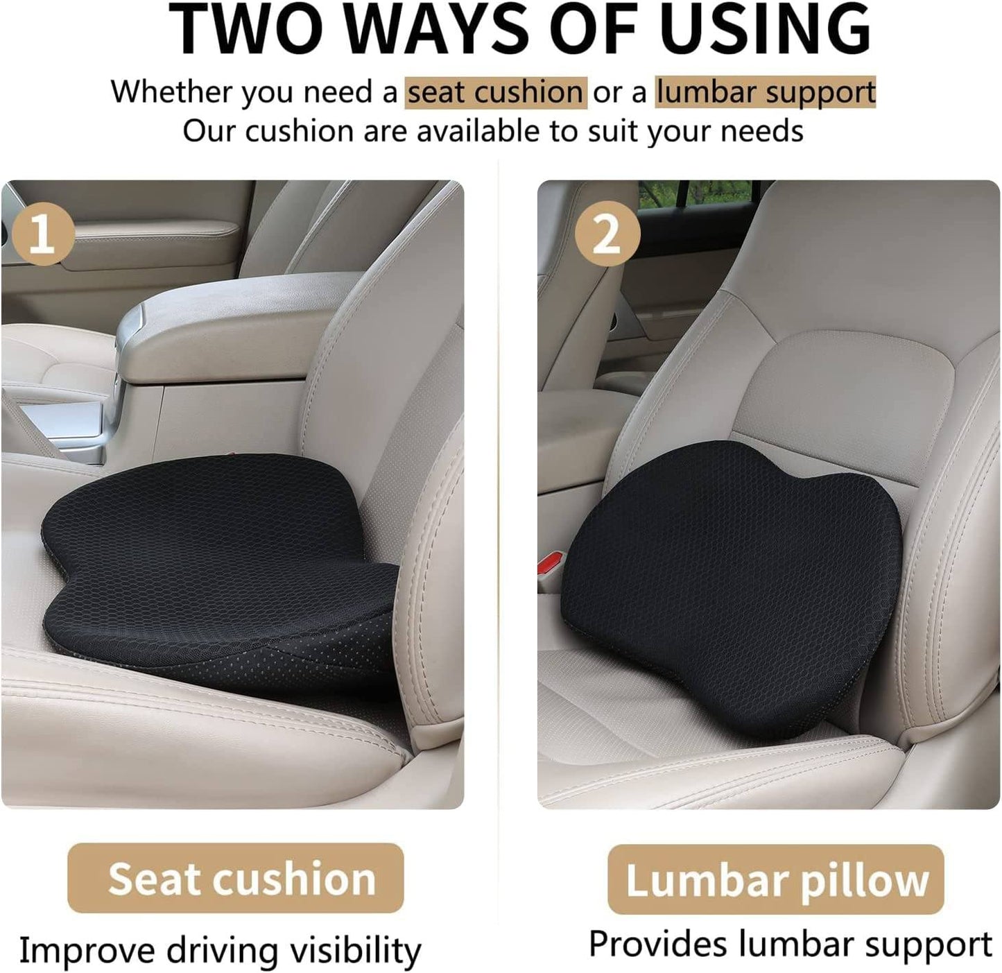 2-in-1 Car Seat Booster Universal Driver Memory Foam Lumbar Pillow
